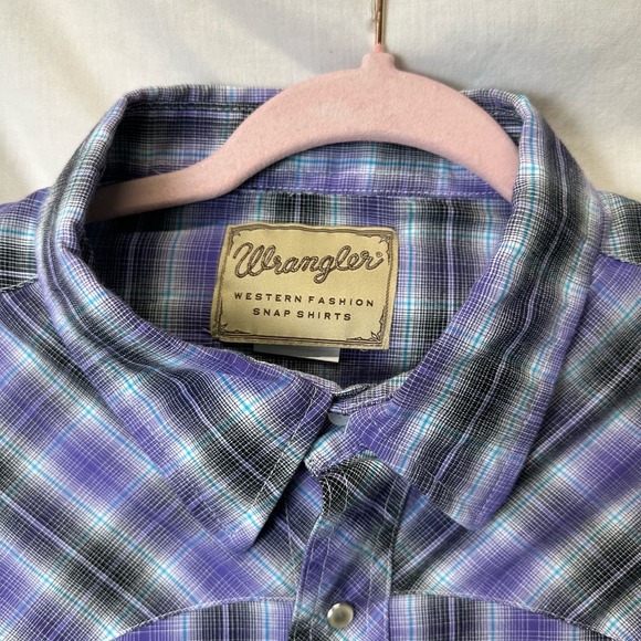 Wrangler Western Short Sleeve Men’s sz. 2XL XXL Purple Snap‎ Pearl Buttons Plaid - Picture 4 of 6